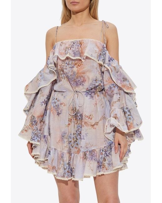 Zimmermann Cascadian Ruffle Cold-Shoulder Mini Floral Dress in Purple | Lyst Australia Zimmermann Cascadian Ruffle Cold-Shoulder Mini Floral Dress in Purple | Lyst Australia