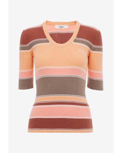 Chloé Orange Striped Ribbed Knit Top