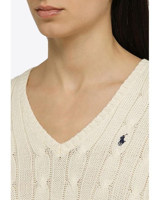 Polo Ralph Lauren White Logo Embroidered V-Neck Sweater