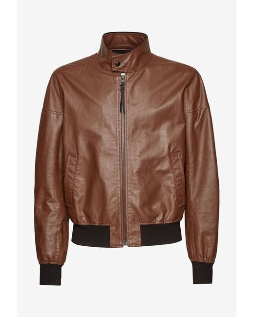 Ferragamo Brown Zip-Up Leather Bomber Jacket for men