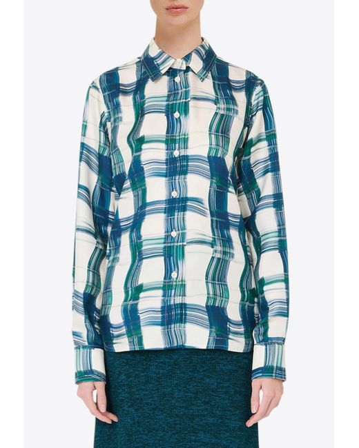 Ferragamo Blue Tartan Check Button-Up Silk Shirt