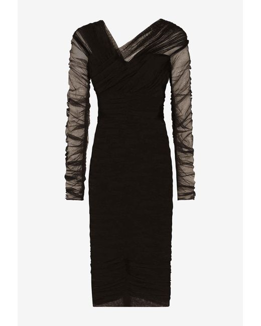 Dolce & Gabbana Black Draped Tulle Midi Dress