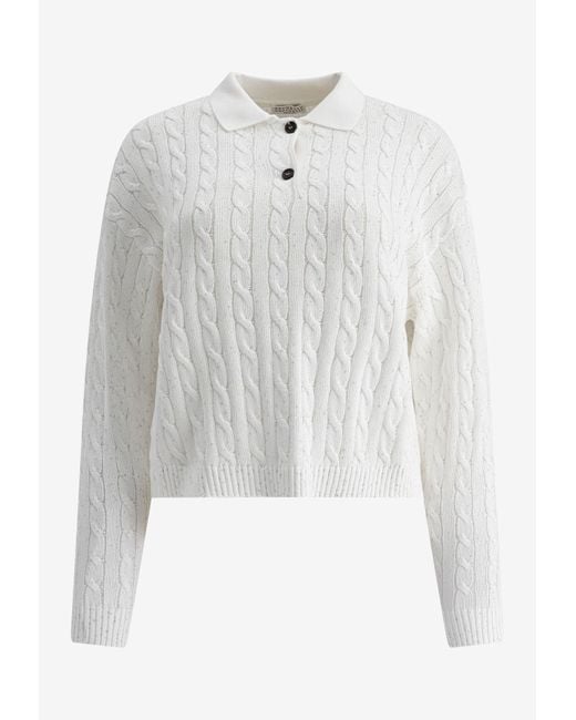 Brunello Cucinelli White Cable Knit Polo Sweater