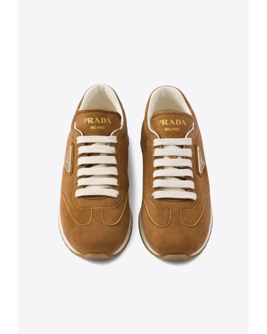 Prada Brown Triangle Logo Suede Sneakers