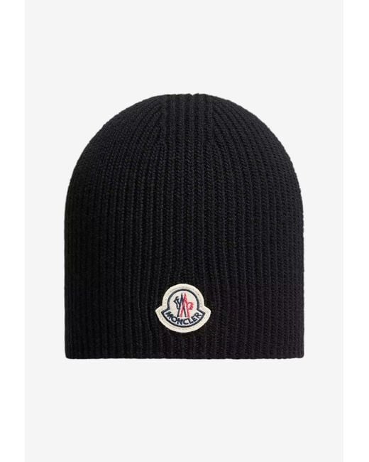 Moncler Black Ribbed Logo Beanie for men