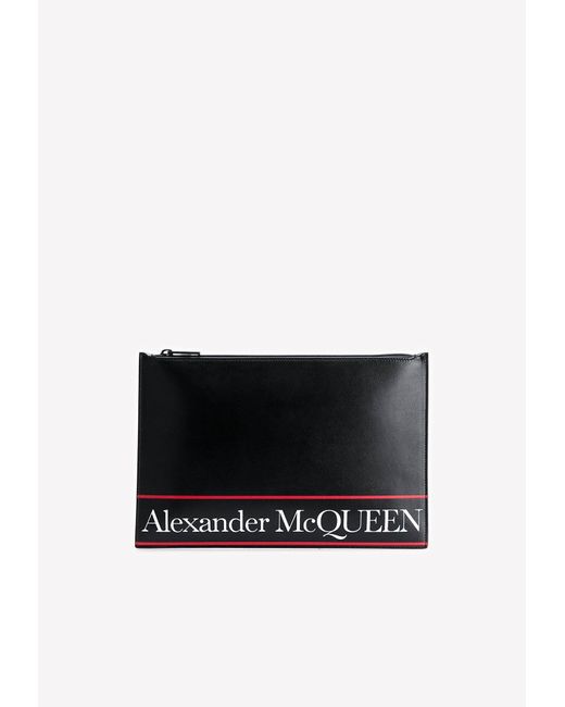 Alexander McQueen Black Logo Print Leather Flat Clutch for men