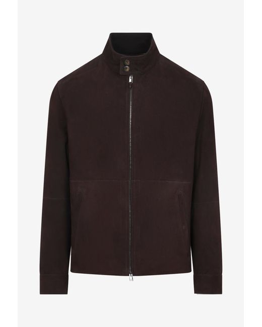 Canali Brown Zip-Up Leather Jacket for men