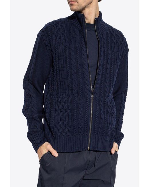 Versace Blue Medusa Cable-Knit Zip Sweater for men
