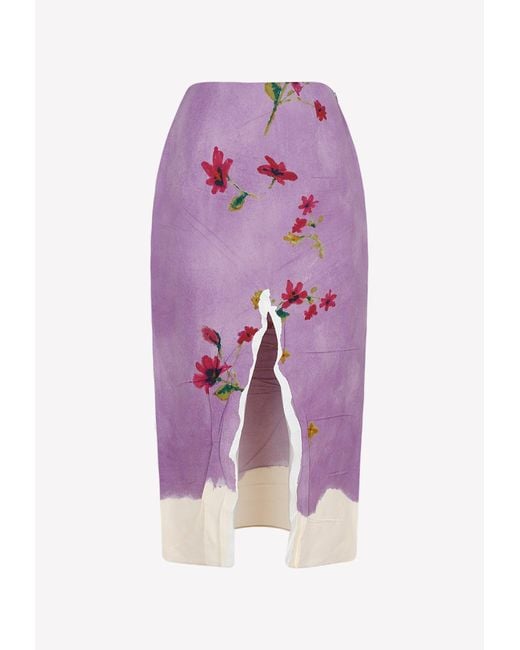 Prada Purple Floral Print Midi Skirt With Slit