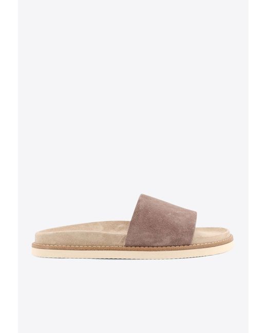 Brunello Cucinelli White Logo Print Suede Slides for men