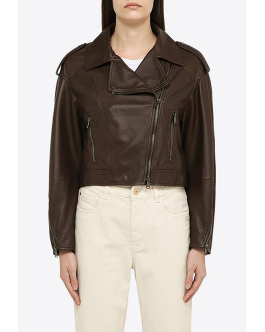 Brunello Cucinelli Brown Zip-Up Leather Biker Jacket