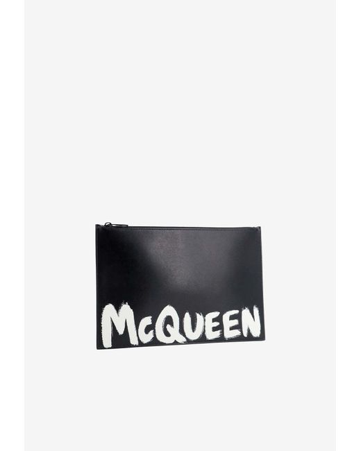 Alexander McQueen Black Graffiti Logo Leather Clutch Bag for men