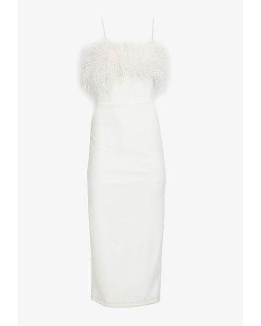 ZEENA ZAKI White Off-shoulder Scuba Crepe Feathered Midi Dress