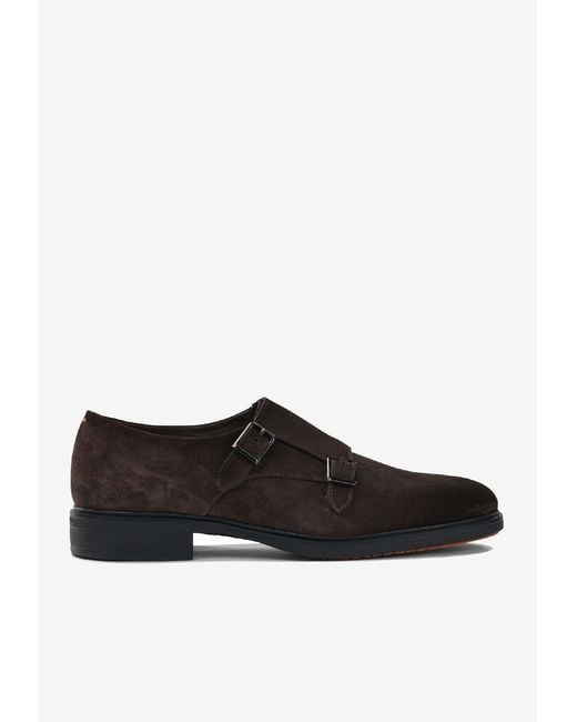 Santoni Black Suede Monk Strap Shoes for men