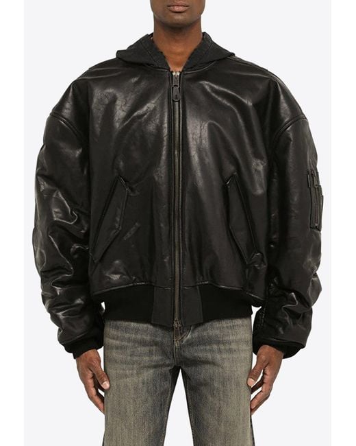 Balenciaga Black Oversized Leather Bomber Jacket for men