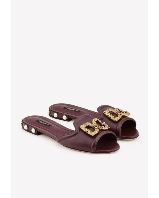 Dolce & Gabbana Brown Bianca Dg Amore Logo Slides In Nappa Leather