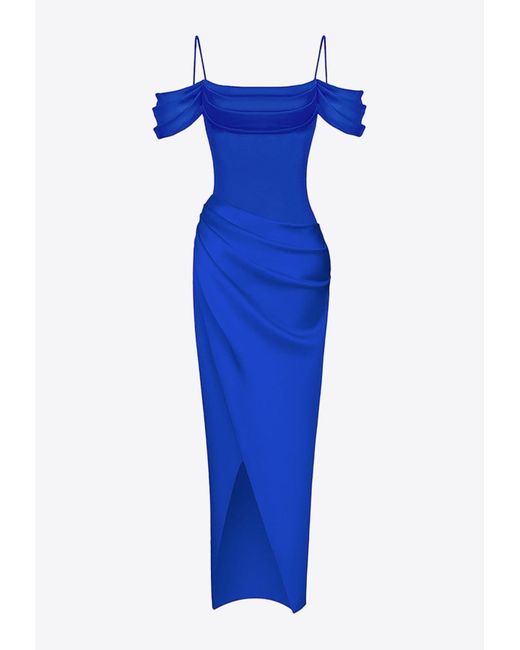 Rasario Blue Draped Satin Midi Dress