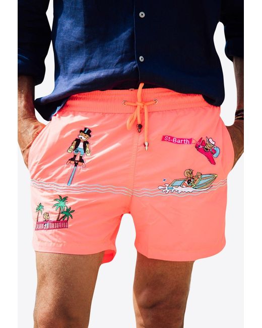 Les Canebiers Pink All-Over Saint-Barth Embroidered Swim Shorts for men