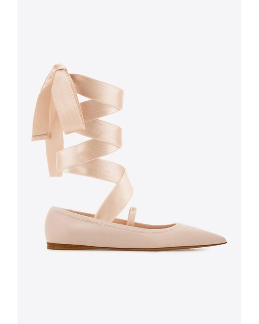 Ferragamo White Carice Ankle Ribbon Ballet Flats