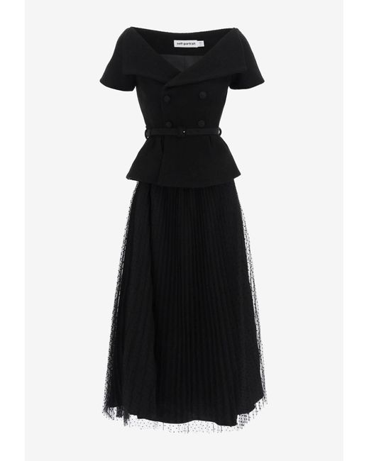 Self-Portrait Black Off-Shoulder Belted Midi Dress