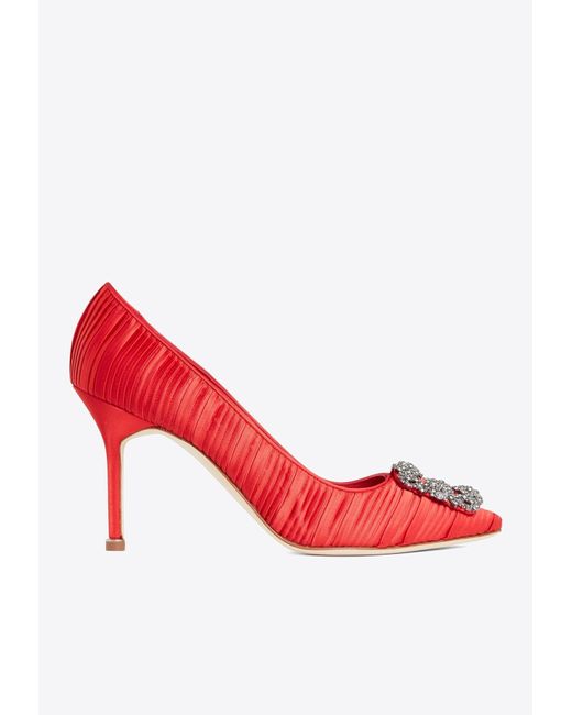 Manolo Blahnik Red Hangisi 90 Crystal Buckle Satin Pumps