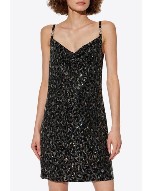 Versace Black Leopard Print Embellished Mini Dress