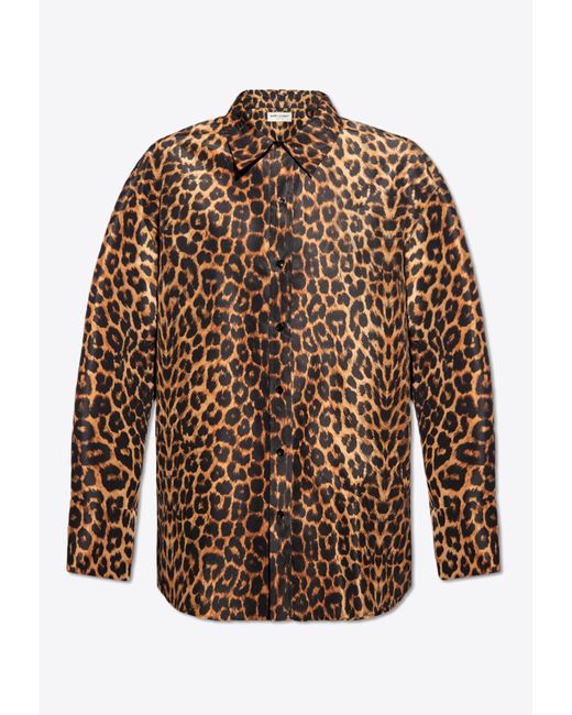 Saint Laurent Brown Oversized Leopard Print Silk Taffeta Shirt for men
