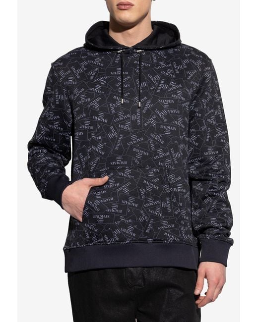Balmain Black All-Over Label Print Hooded Sweatshirt for men