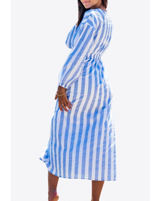 Les Canebiers Blue Eau Vive Elastic Waist Striped Maxi Dress