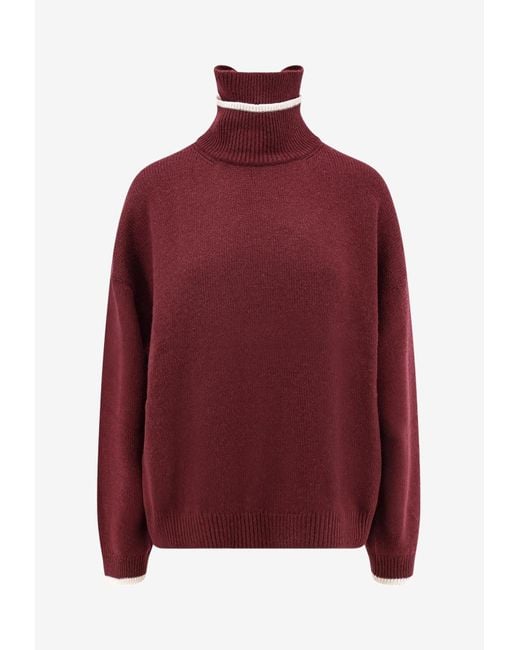 Brunello Cucinelli Red Ribbed Knit Turtleneck Cashmere Sweater