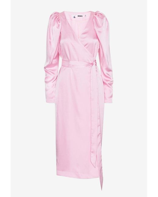 ROTATE BIRGER CHRISTENSEN Pink Satin Midi Wrap Dress