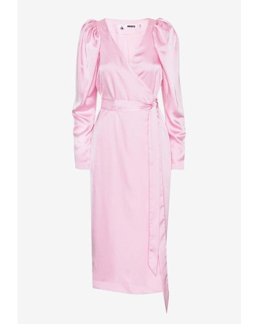 ROTATE BIRGER CHRISTENSEN Pink Satin Midi Wrap Dress