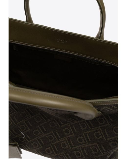 Ferragamo Green Large Monogram Jacquard Tote Bag for men