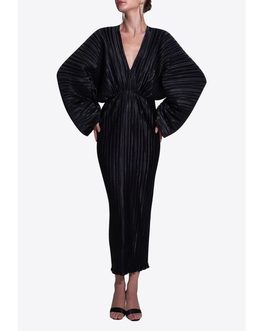 L'idée Black The Galerie V-Neck Pleated Midi Dress