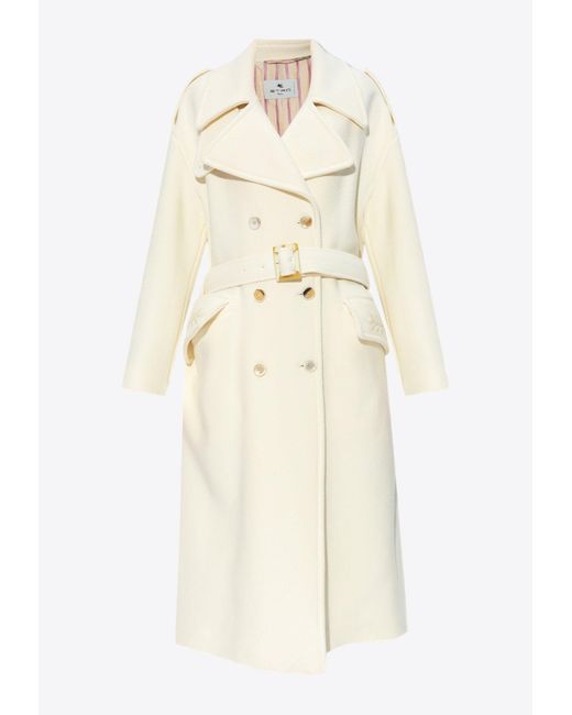 Etro Natural Double-Breasted Long Wool Coat