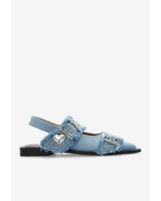 Ganni Blue Buckled Pointed-Toe Denim Flats