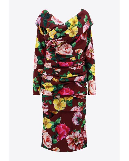 Dolce & Gabbana Red Off-Shoulder Floral Print Dress