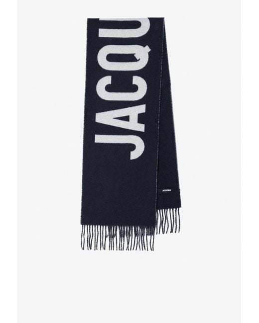 Jacquemus Blue Logo Wool Fringed Scarf