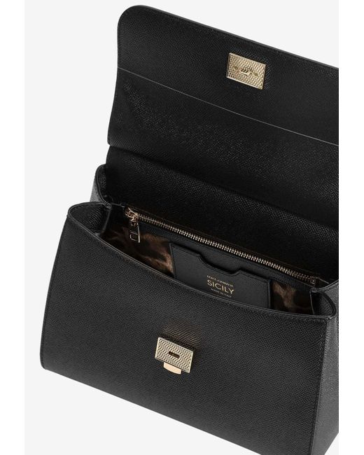 Dolce & Gabbana Black Large Sicily Leather Top Handle Bag