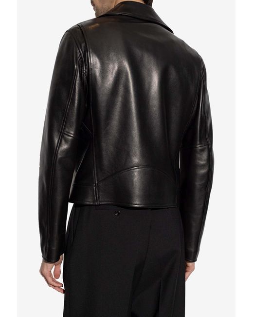 Versace Black Leather Zip-Up Biker Jacket for men
