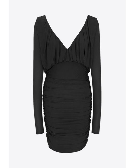 Saint Laurent Black Ruched V-Neck Mini Dress