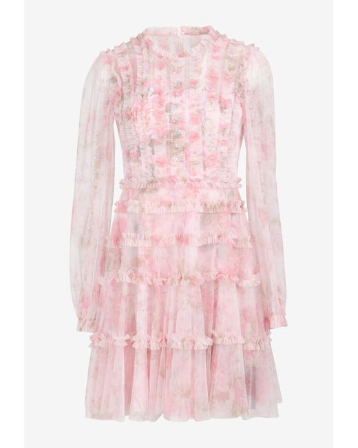 Needle & Thread Pink Rose Bluebell Esme Micro Mini Floral Dress