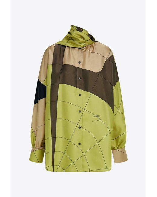 Ferragamo Green Parachute Pattern Silk Blouse