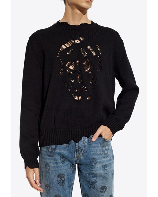 Alexander McQueen Black Distressed Skull Crewneck Sweater for men