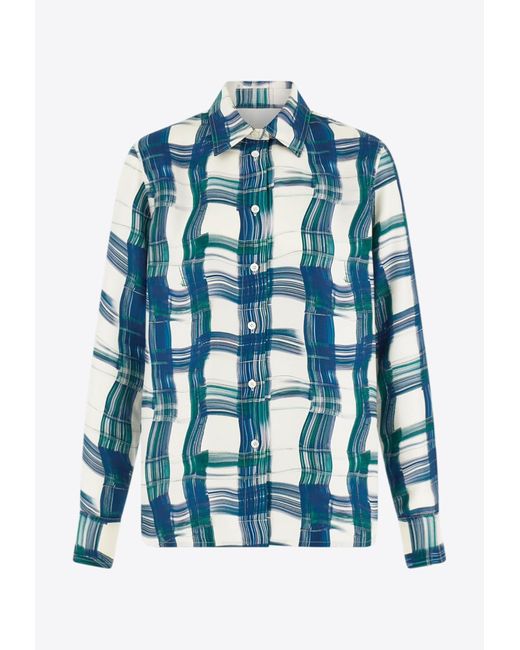 Ferragamo Blue Tartan Check Button-Up Silk Shirt
