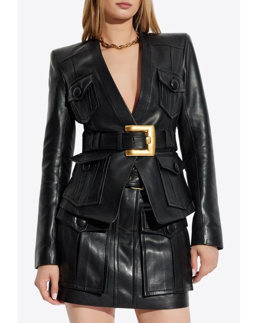 Balmain Black Belted Leather Jacket