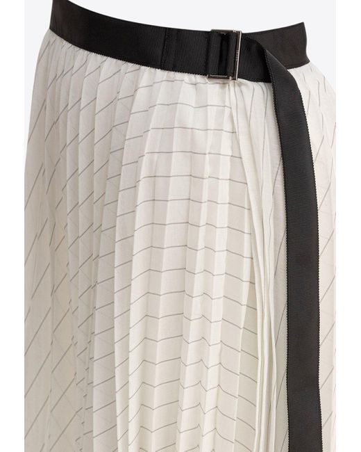 Sacai Natural Stripe Pleated Midi Skirt With Belt