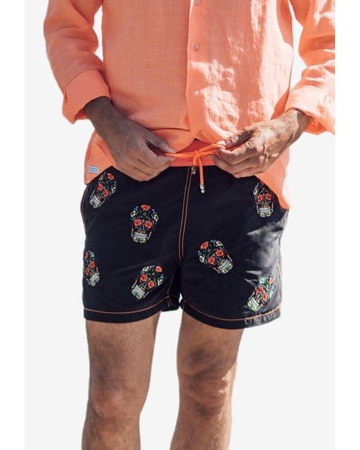 Les Canebiers Blue Byblos All-Over Mexican Head Embroidery Swim Shorts