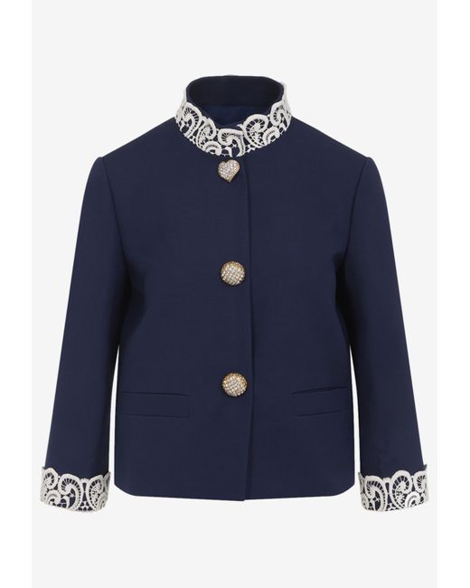 Valentino Blue Lace-Insert Virgin Wool Jacket