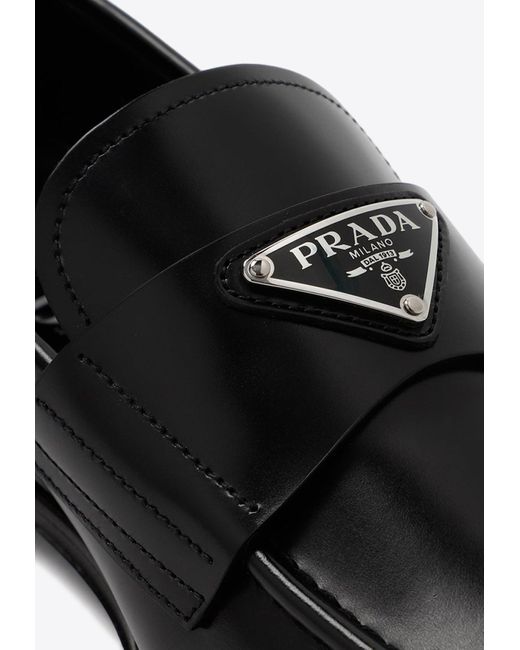 Prada Black Logo-Plaque Brushed Calf Leather Loafers for men